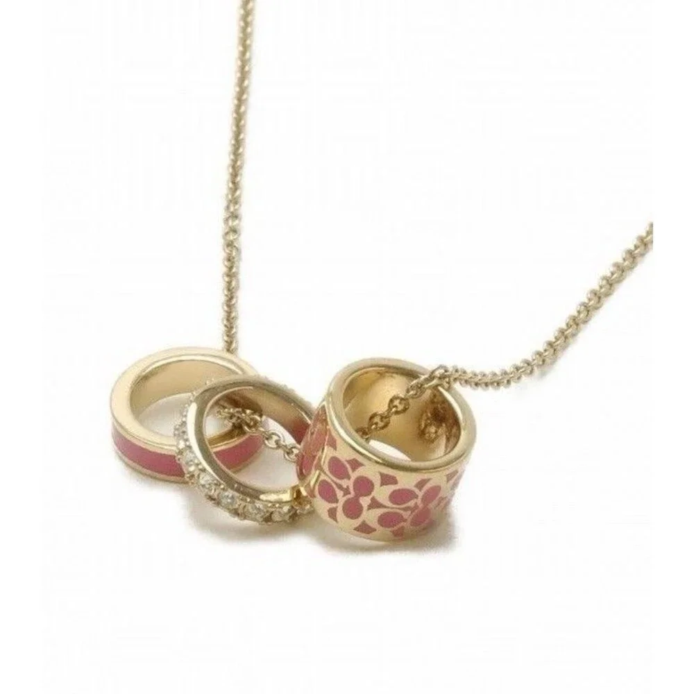 Coach Gold-Plated Signature Rondell 3 ring pink enamel Necklace 16 + 2”